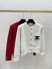 Letter Embroidered Crew Neck Knit Cardigan