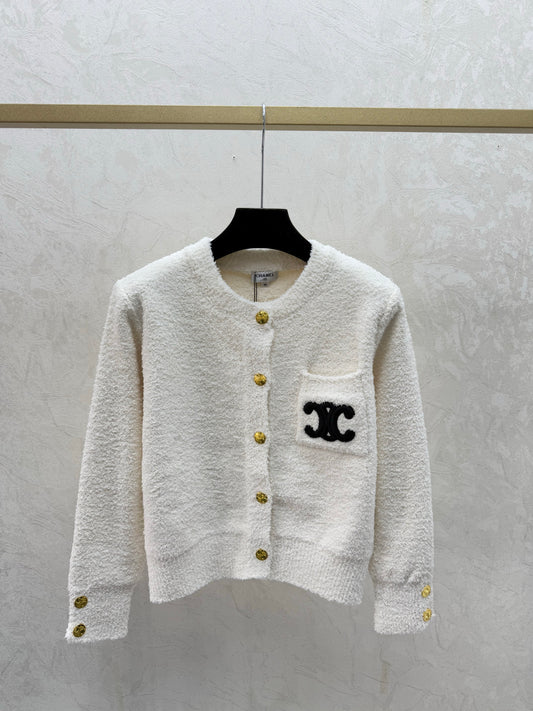 Letter Embroidered Crew Neck Knit Cardigan
