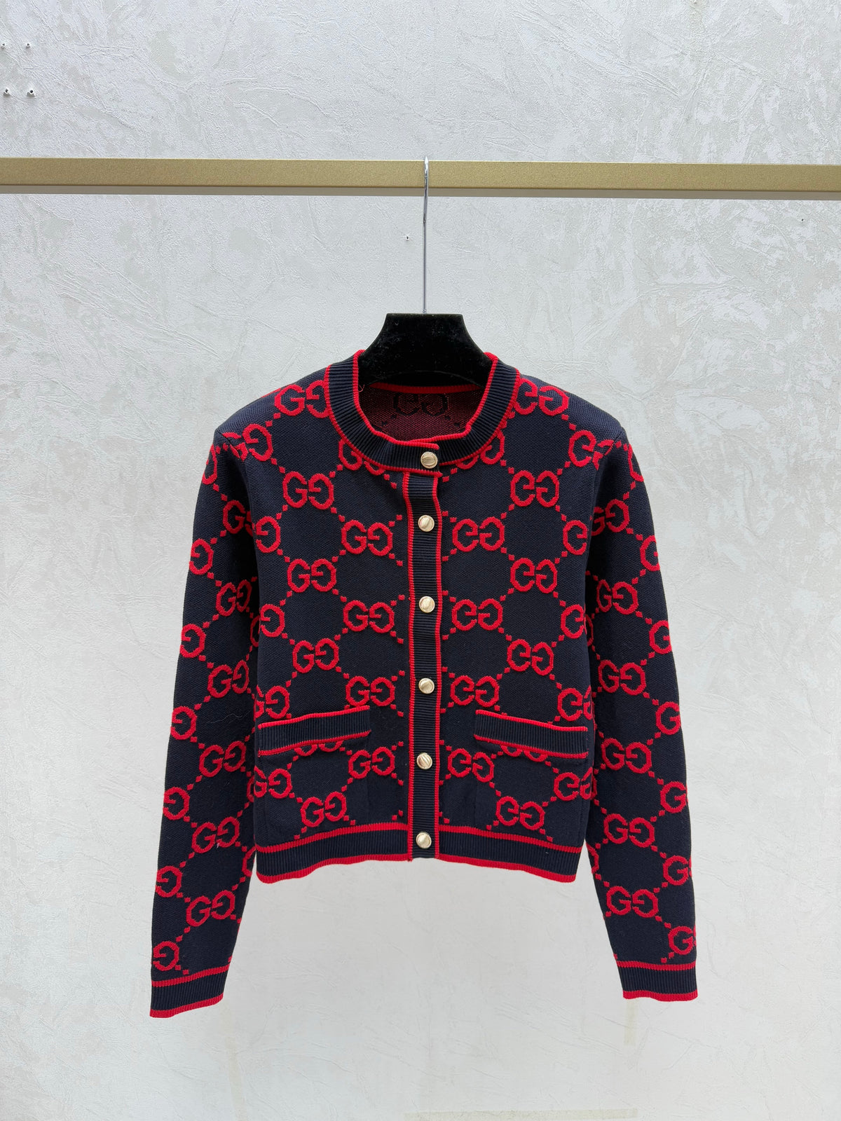 Monogram lettering crew neck knit cardigan