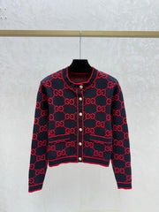 Monogram lettering crew neck knit cardigan