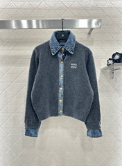Denim Patchwork Collared Knit Cardigan