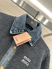 Denim Patchwork Collared Knit Cardigan