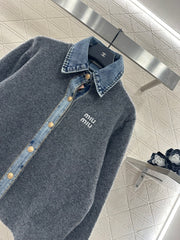 Denim Patchwork Collared Knit Cardigan