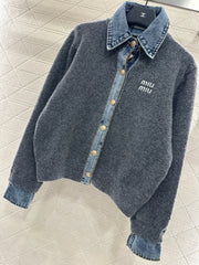 Denim Patchwork Collared Knit Cardigan