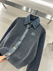 Denim Patchwork Collared Knit Cardigan