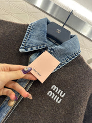 Denim Patchwork Collared Knit Cardigan