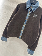 Denim Patchwork Collared Knit Cardigan