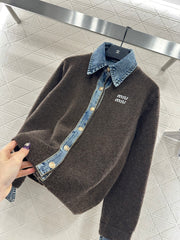 Denim Patchwork Collared Knit Cardigan