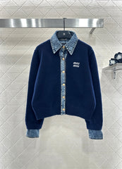 Denim Patchwork Collared Knit Cardigan