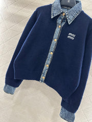 Denim Patchwork Collared Knit Cardigan