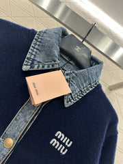 Denim Patchwork Collared Knit Cardigan
