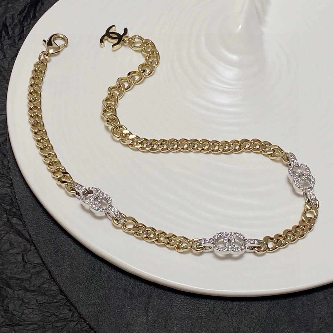 Light gold and silver two-tone rhinestone choker necklace