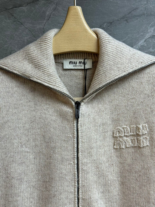 Oatmeal-colored knit cardigan