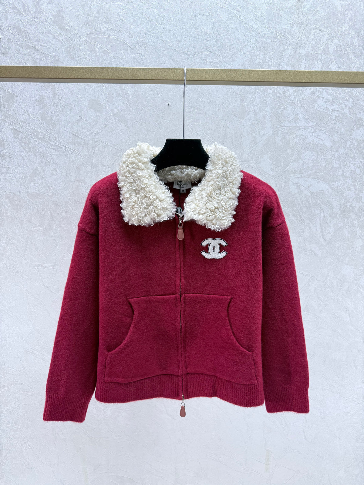 Color-blocked collared knit long-sleeved cardigan