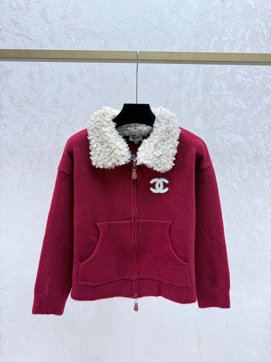 Color-blocked collared knit long-sleeved cardigan