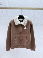 Color-blocked collared knit long-sleeved cardigan