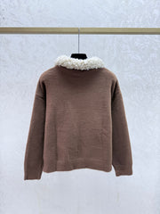 Color-blocked collared knit long-sleeved cardigan