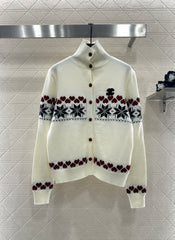 High-neck Fair Isle cardigan sweater