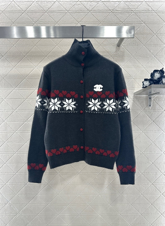 High-neck Fair Isle cardigan sweater