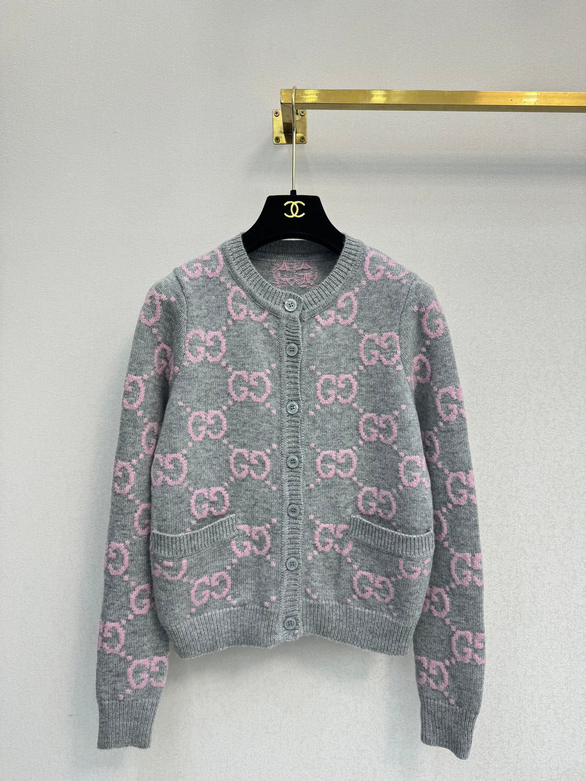 Pink and gray color-blocked crew neck cardigan