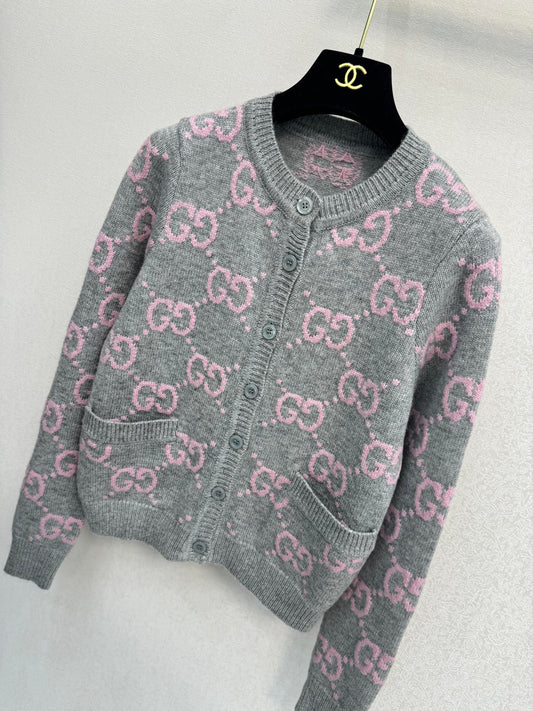 Pink and gray color-blocked crew neck cardigan