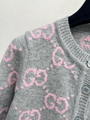 Pink and gray color-blocked crew neck cardigan