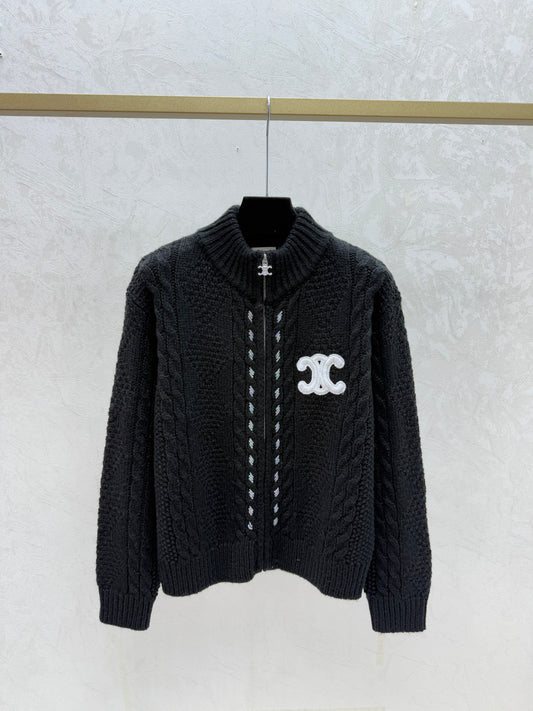 High-neck knitted long-sleeved cardigan