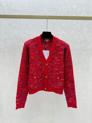 Color-blocked minimalist V-neck knit long-sleeved cardigan