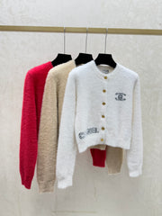 Color-blocked lettered crew neck knit long-sleeved cardigan