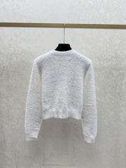 Color-blocked lettered crew neck knit long-sleeved cardigan