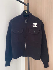 Zippered stand-up collar cardigan