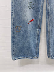 Embroidered Pattern Wide-Leg Denim Pants