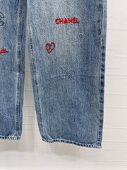 Embroidered Pattern Wide-Leg Denim Pants