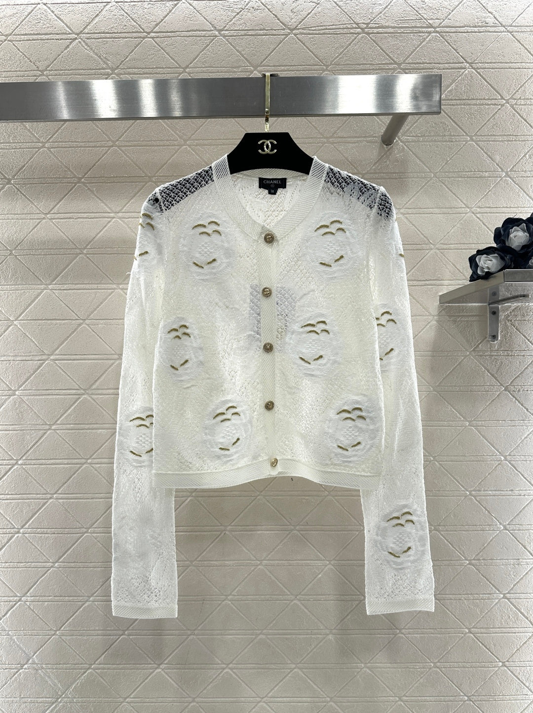 Three-dimensional openwork floral embroidered knitted cardigan