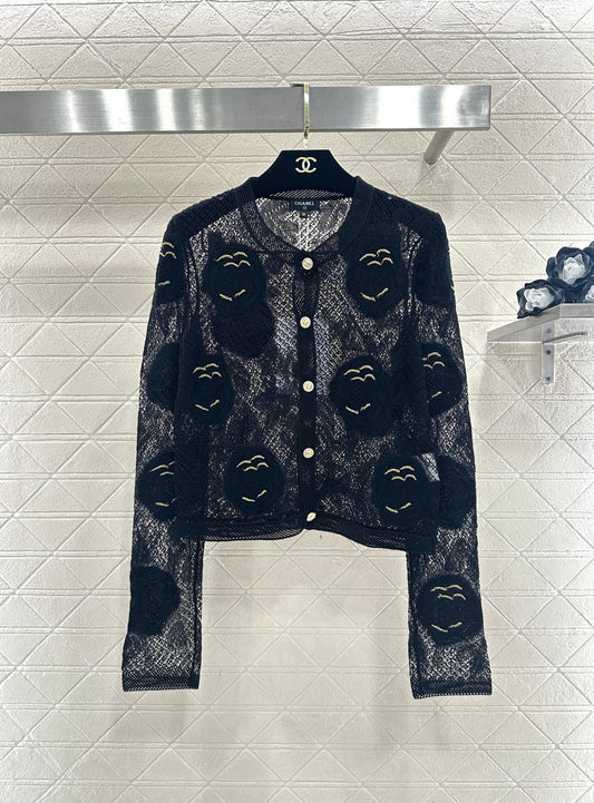 Three-dimensional openwork floral embroidered knitted cardigan