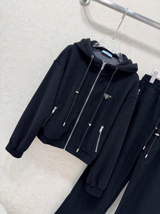 Hooded zip-up jacket + drawstring wide-leg trousers