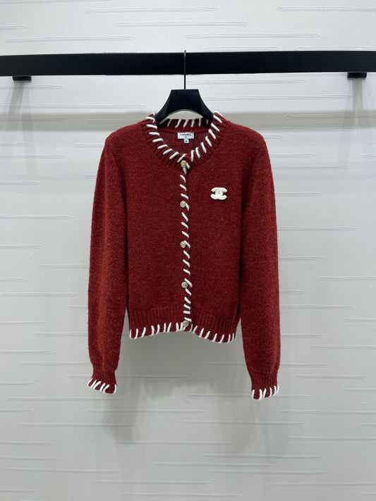 Color-blocked Crochet-edged Crew Neck Knit Cardigan
