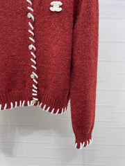 Color-blocked Crochet-edged Crew Neck Knit Cardigan