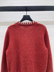 Color-blocked Crochet-edged Crew Neck Knit Cardigan