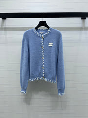 Color-blocked Crochet-edged Crew Neck Knit Cardigan