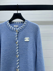 Color-blocked Crochet-edged Crew Neck Knit Cardigan