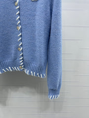 Color-blocked Crochet-edged Crew Neck Knit Cardigan