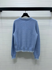 Color-blocked Crochet-edged Crew Neck Knit Cardigan