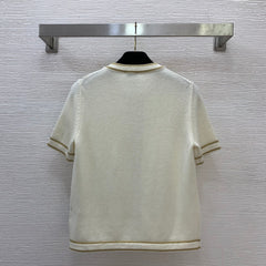 Gold-trimmed round neck short-sleeved knit cardigan