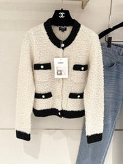 Color-blocked Crochet-edged Crew Neck Knit Cardigan