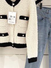 Color-blocked Crochet-edged Crew Neck Knit Cardigan