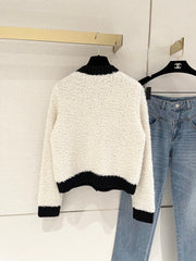 Color-blocked Crochet-edged Crew Neck Knit Cardigan