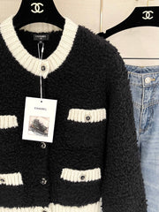 Color-blocked Crochet-edged Crew Neck Knit Cardigan