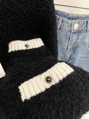 Color-blocked Crochet-edged Crew Neck Knit Cardigan