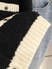 Color-blocked Crochet-edged Crew Neck Knit Cardigan